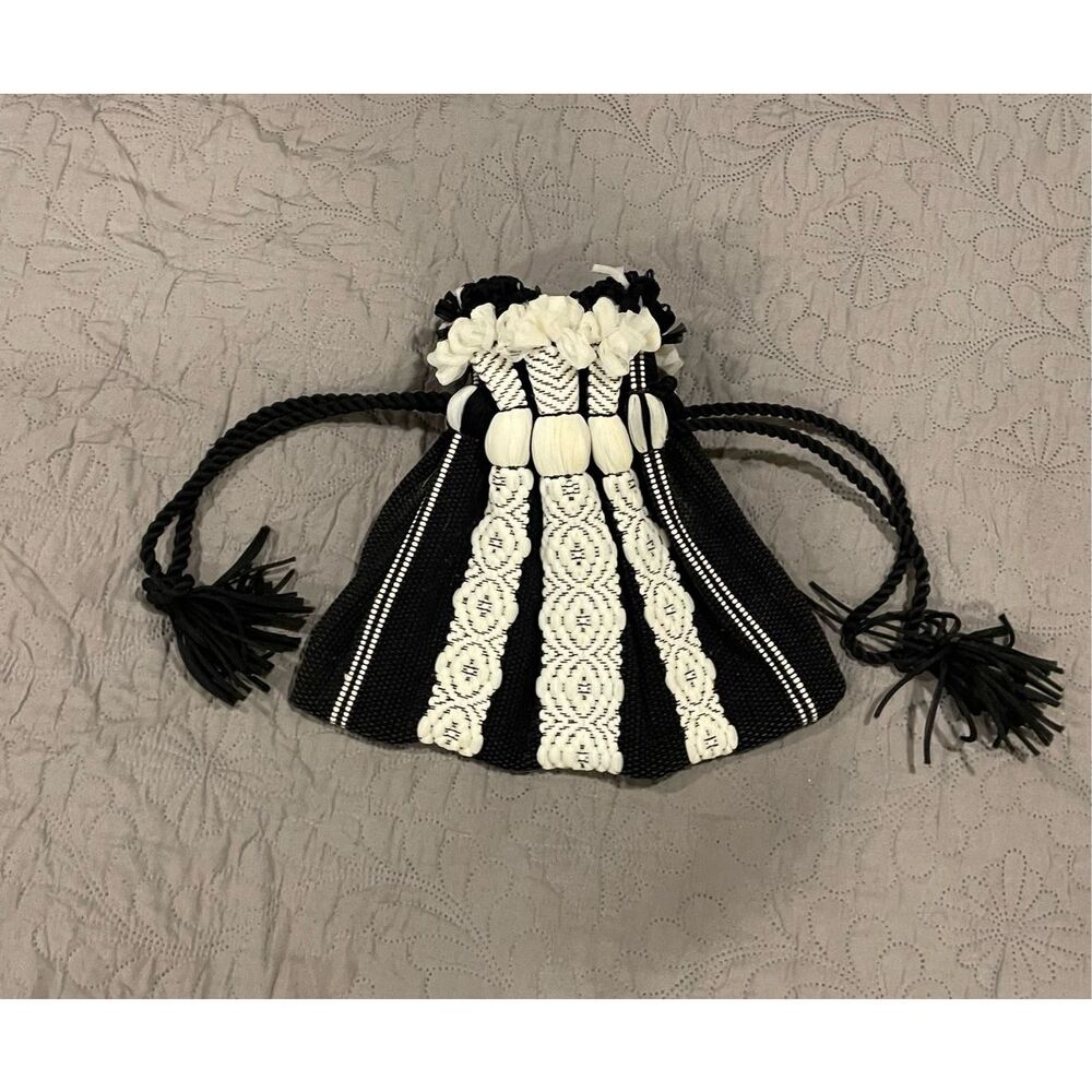 Vintage Drawstring Boho Hippie Black and White Bag Small